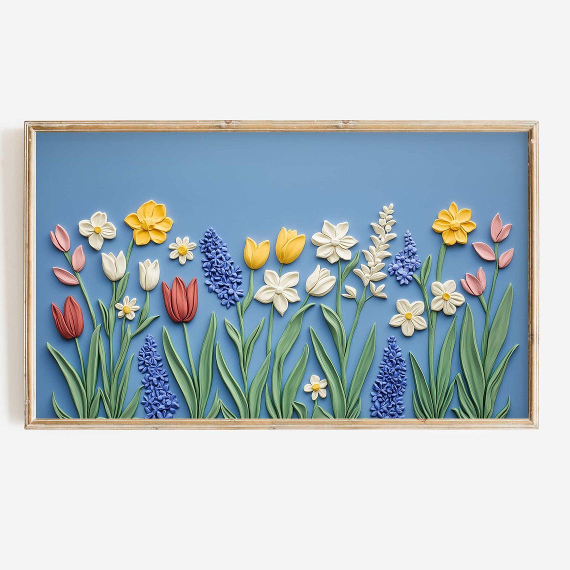 3D Textured Spring Flowers Tulips Daisies On Sky Blue Background Print