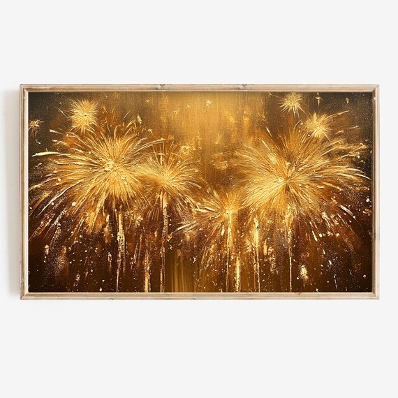 Frame Tv Art New Years Eve Abstract Firework Nye Gold Black Textured Tv Art Display