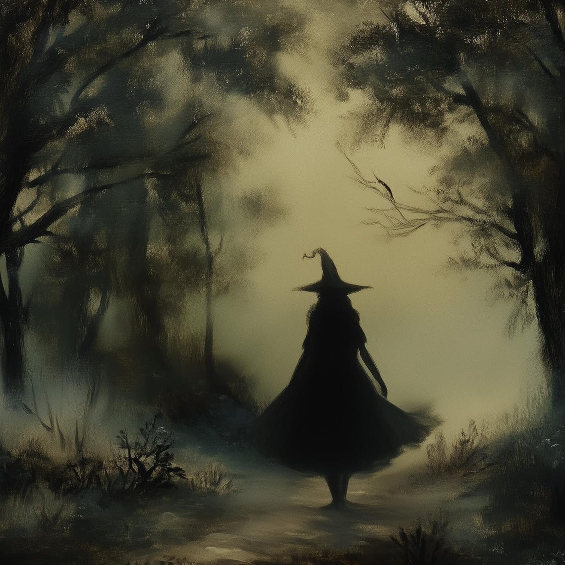 Witch Silhouette Misty Dark Forest Moody Halloween Night Poster - Image 3