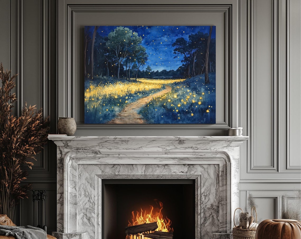Magical Firefly Night Meadow Starry Path Dreamy Landscape Poster