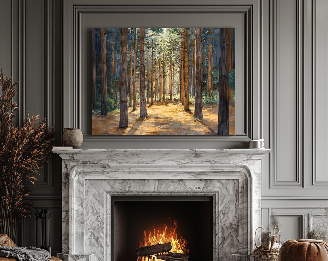 Golden Sunlit Pine Forest Morning Path Serene Landscape Poster