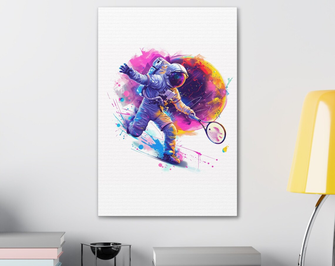 Astronaut Playing Tennis Among the Stars in Colorful Watercolor Poster