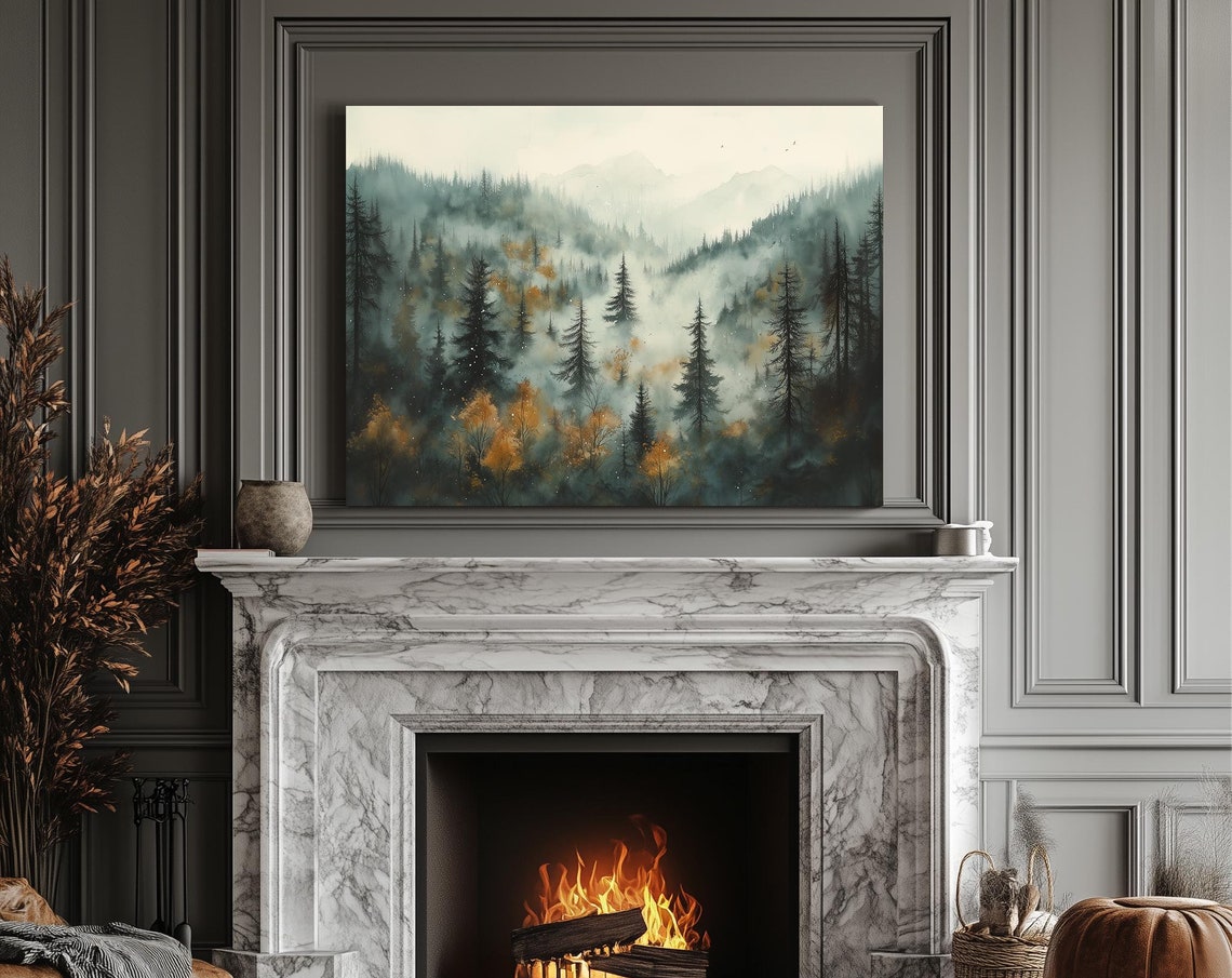 Foggy Fall Forest Painting Modern Painting Landscape Eccentric Wall Print Art Airbnb Art Wall Decor