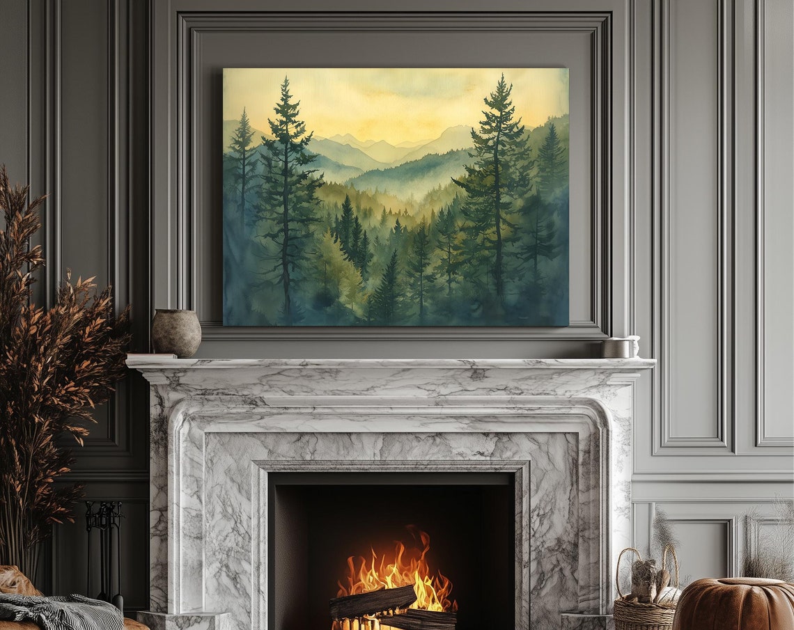 Foggy Pine Forest Watercolor Mountain Landscape At Dawn Wall Art