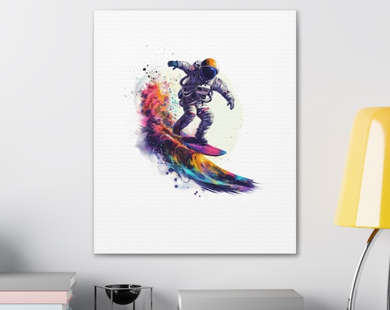 Astronaut Surfing a Rainbow Cosmic Wave in Vibrant Watercolor Poster