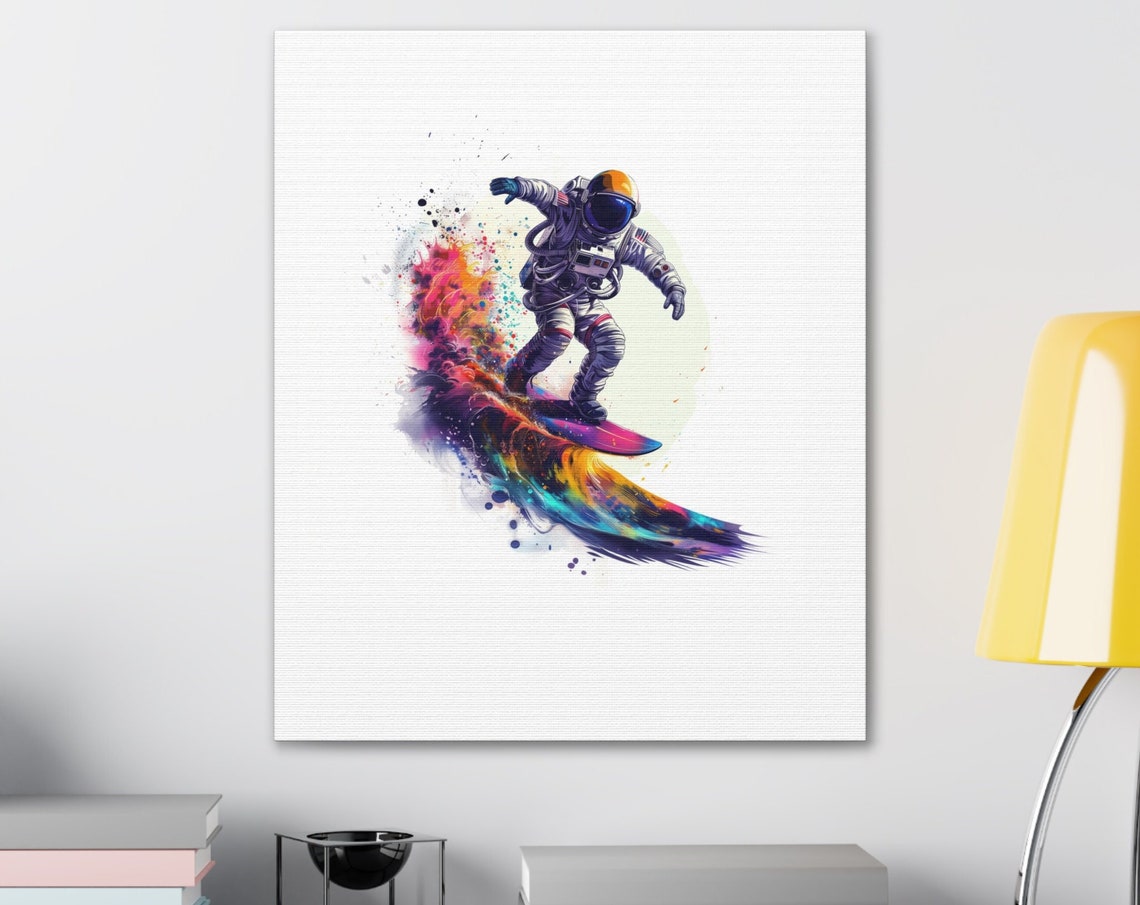 Astronaut Surfing a Rainbow Cosmic Wave in Vibrant Watercolor Poster