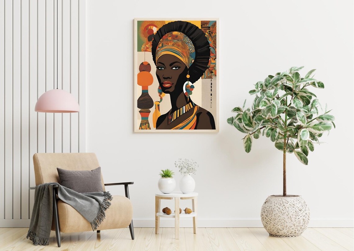 African Woman Headwrap Jewelry Warm Earthy Boho Portrait Print