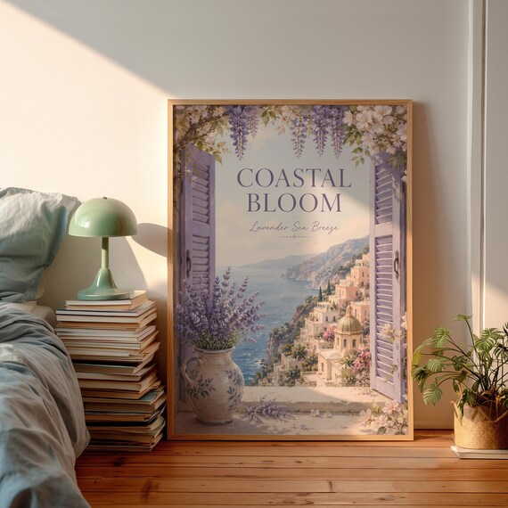 Coastal Bloom Lavender Sea Breeze Mediterranean Window View Wall Poster