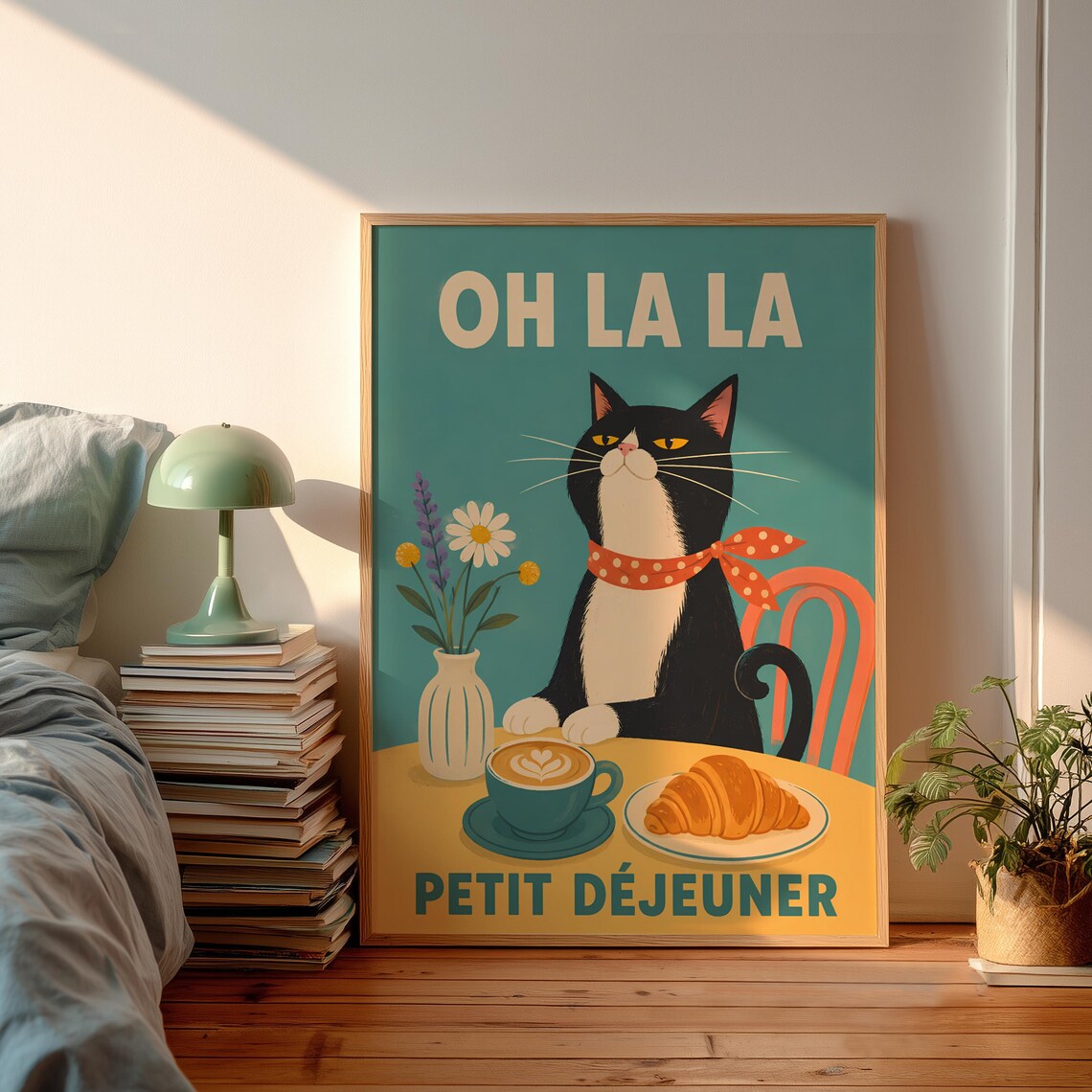 Tuxedo Cat Poster, French Petit Dejeuner Kitchen Decor