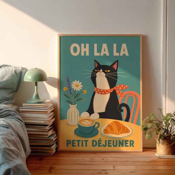 Tuxedo Cat Poster, French Petit Dejeuner Kitchen Decor