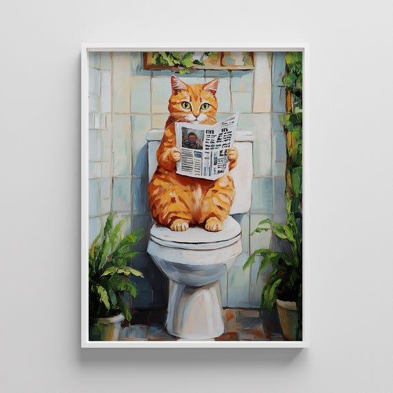 Funny Pooping Cat Bathroom Print Humorous Toilet Wall Art