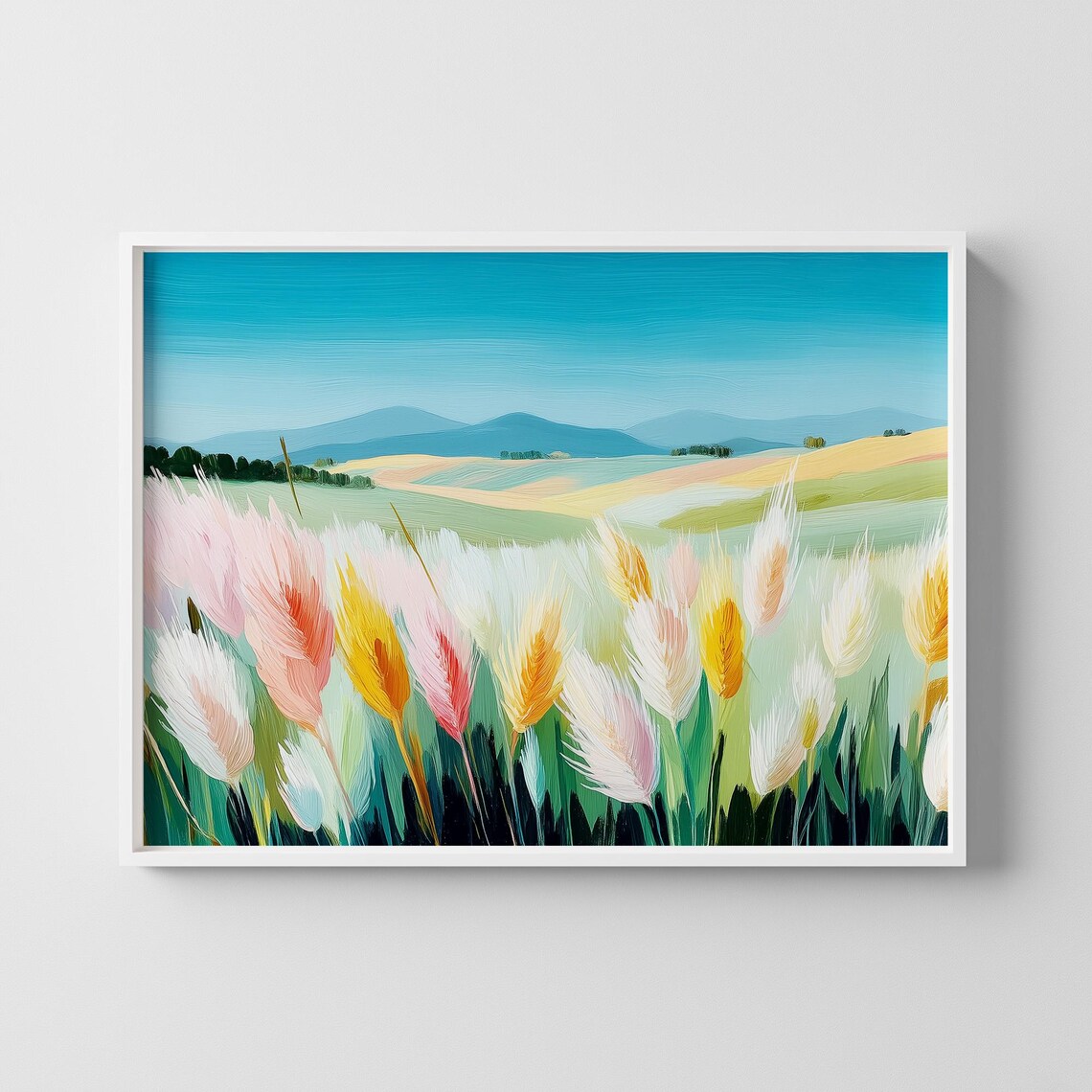 Colorful Wheat Field and Wildflowers Pastel Landscape Poster