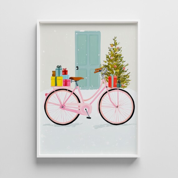 Pink Bicycle Christmas Gifts Snowy Winter Day Holiday Art Poster
