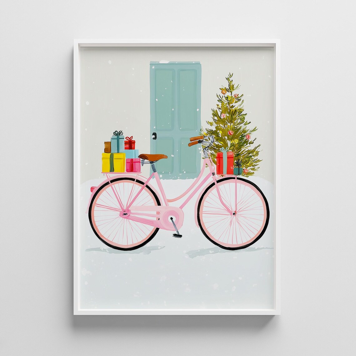 Pink Bicycle Christmas Gifts Snowy Winter Day Holiday Art Poster