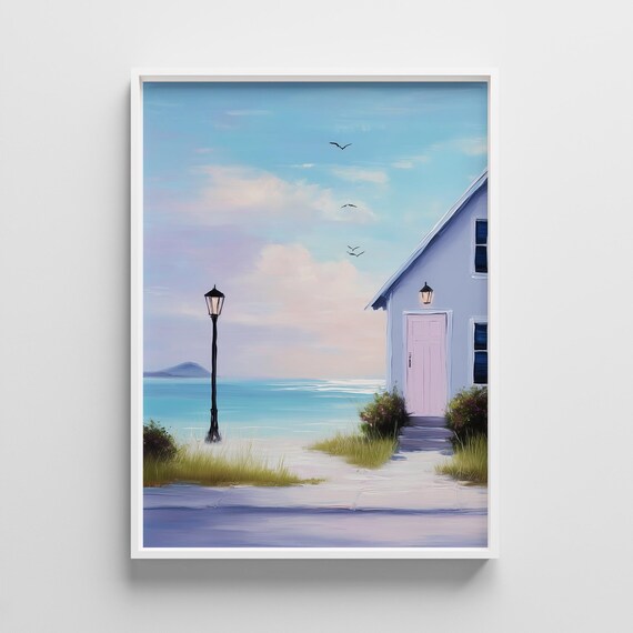 Pastel Beach Cottage Pink Door Seaside Painting Watercolor Wall Poster
