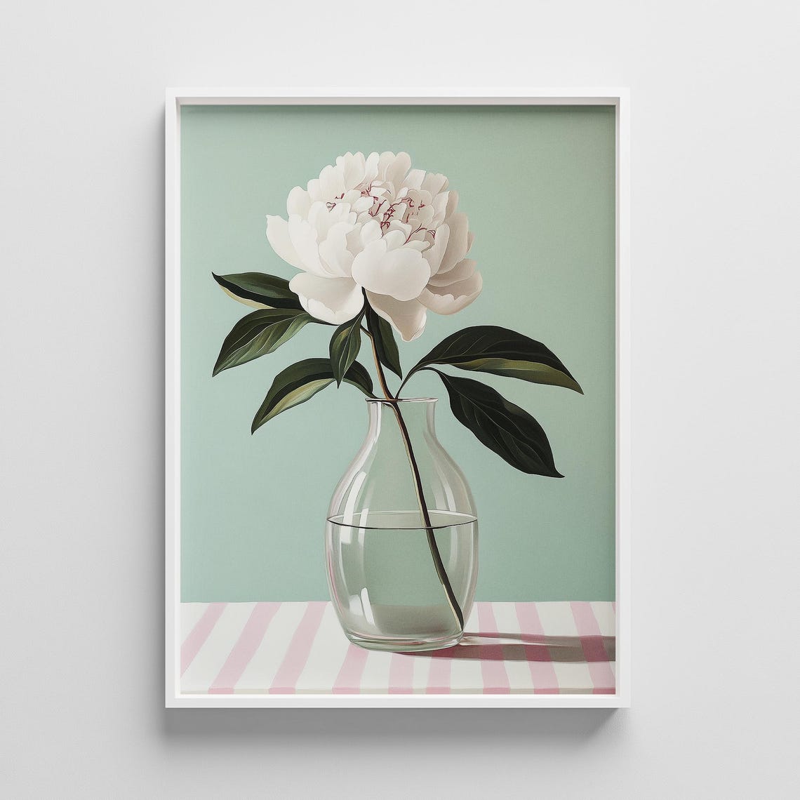 White Peony Single Bloom Glass Vase Striped Table Still Life Poster
