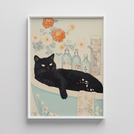 Black Cat Relaxing in Bathtub Japanese Floral Bathroom Art Poster