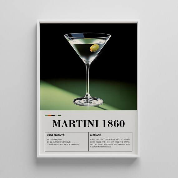 Martini 1860 Classic Olive Cocktail Recipe Vintage Bar Print