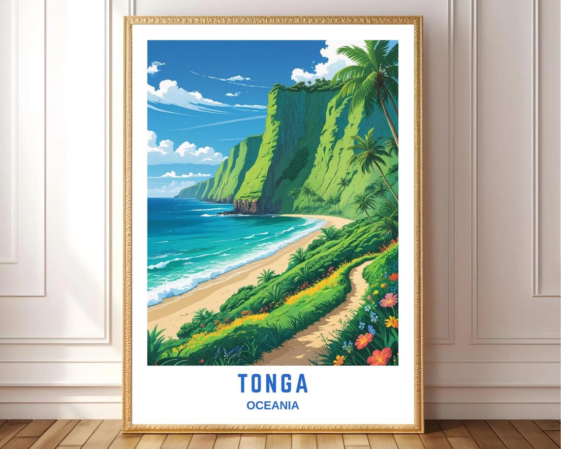 Tonga Coastal Travel Poster, Tropical Beach Scene