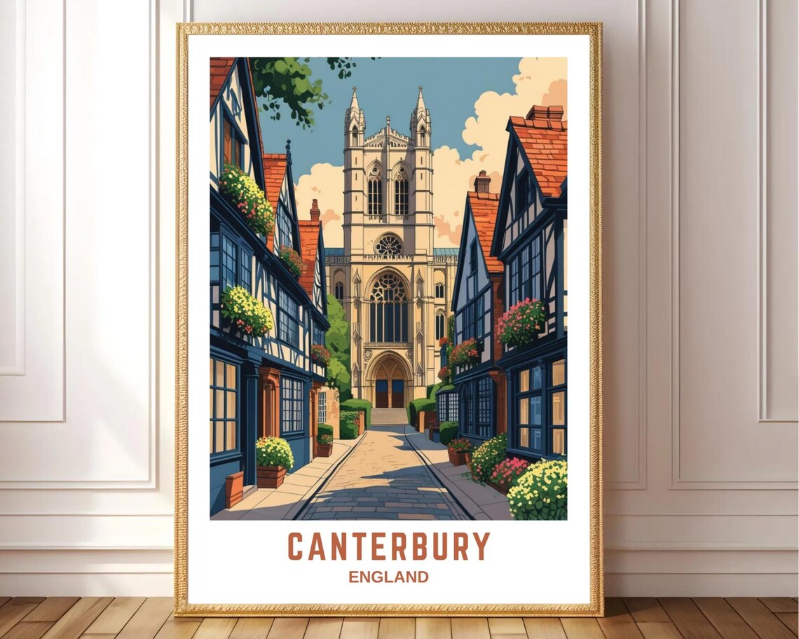Canterbury England Cathedral Timbered Street Historic Travel Poster