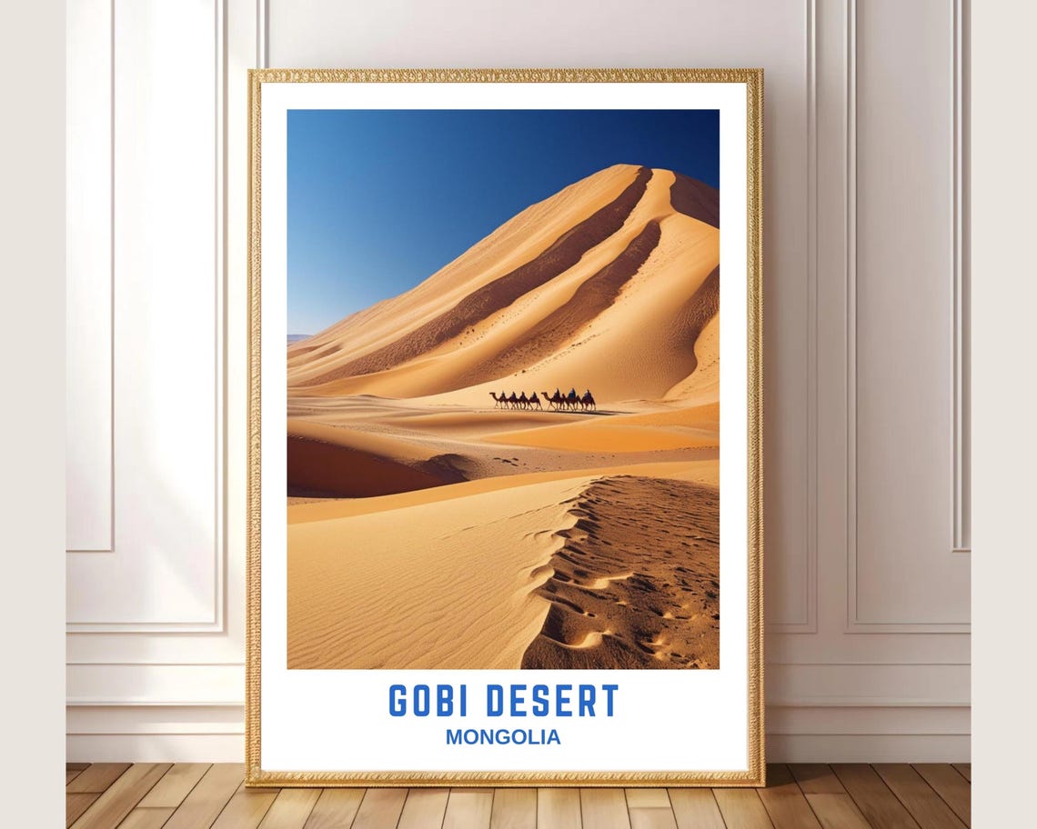 Gobi Desert Mongolia Camel Caravan Dunes Adventure Travel Art Poster