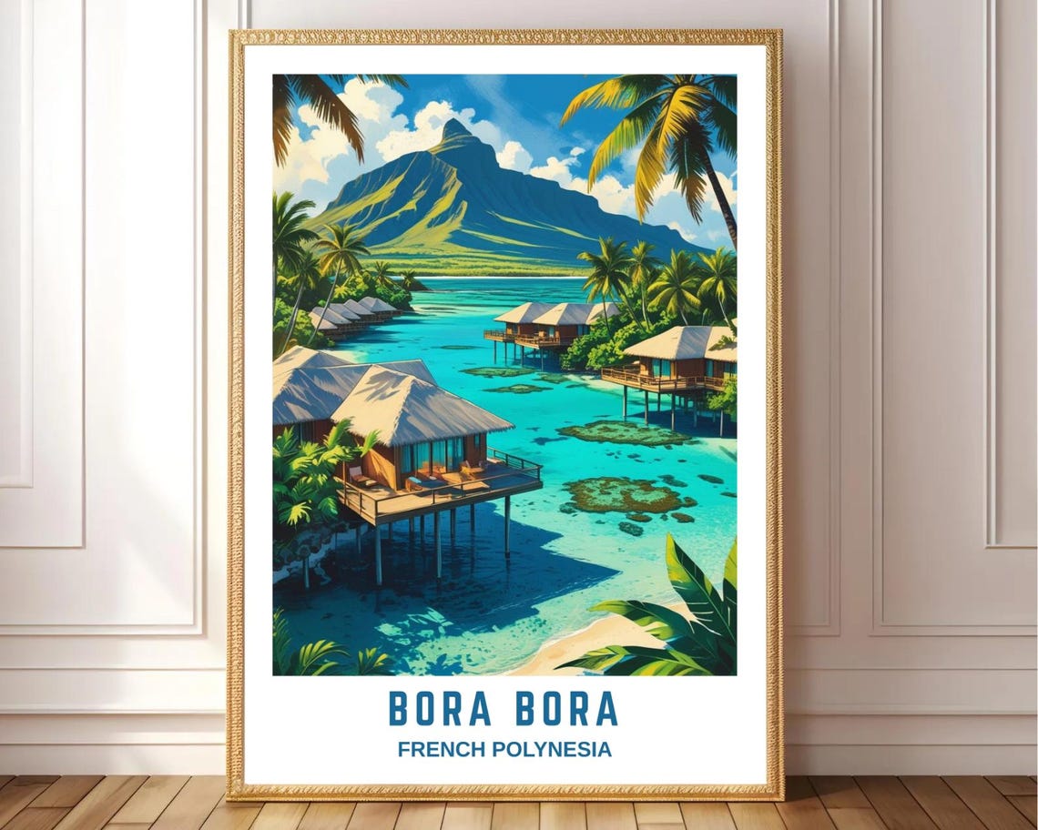 Bora Bora French Polynesia Overwater Bungalows Lagoon Mount Poster