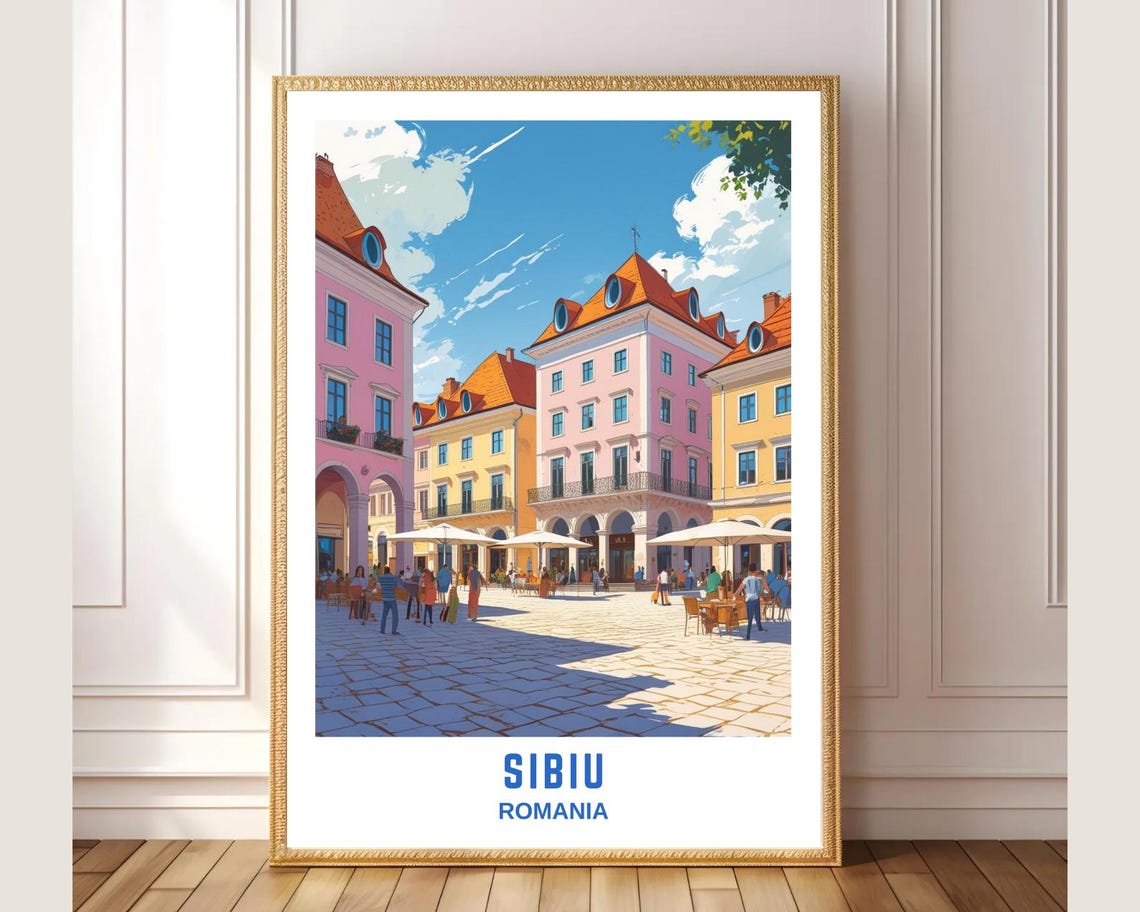 Sibiu Romania Pastel Old Town Square Cafe Terrace Travel Poster