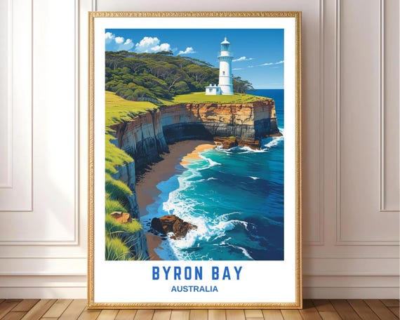 Byron Bay Lighthouse Wall Art Print Coastal Australia Travel Poster Beach Cliff Ocean Landscape Or Framed