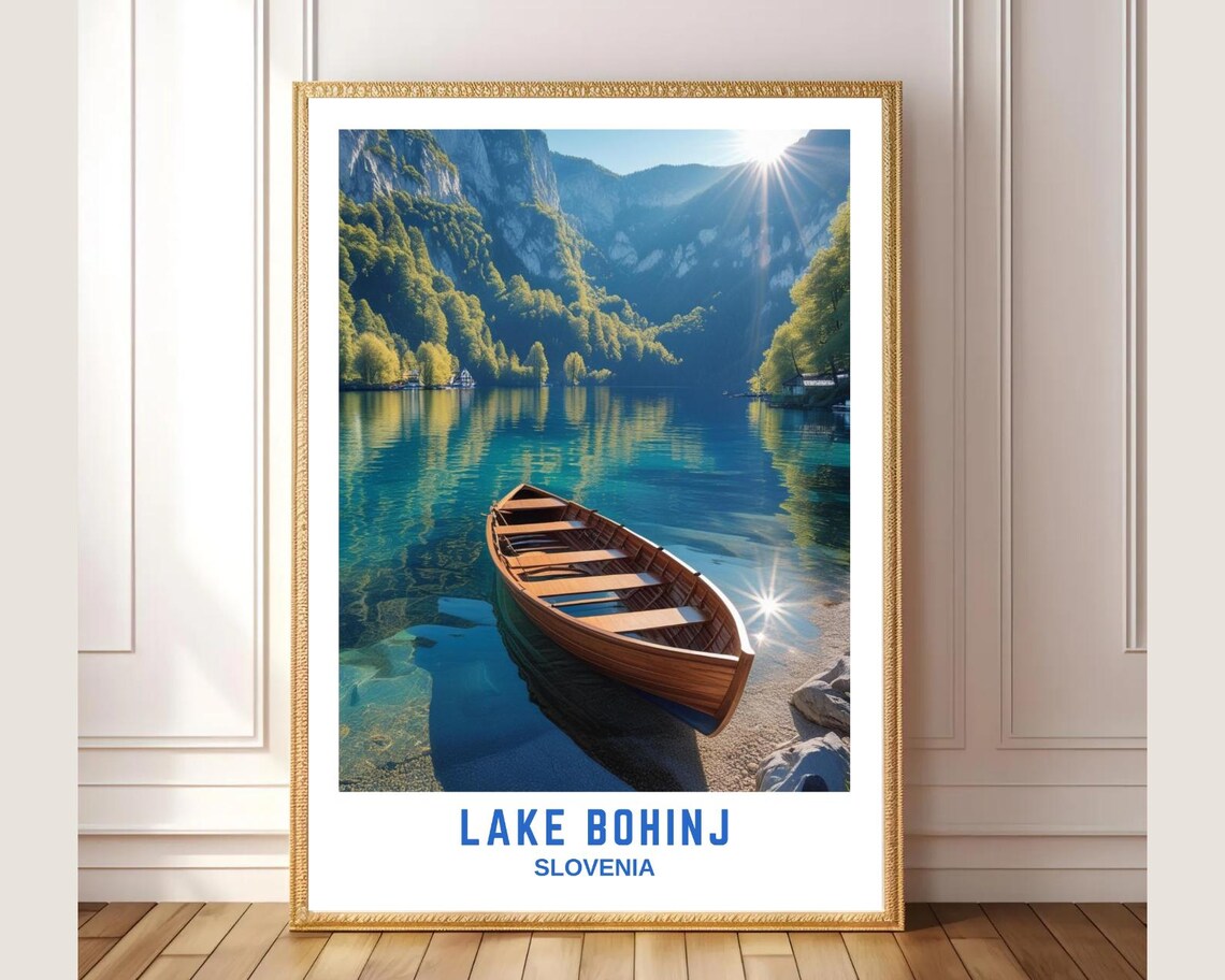 Lake Bohinj Slovenia Wooden Boat Mountain Lake Scenic Travel Poster