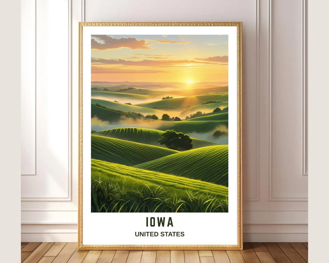 Iowa United States Rolling Green Hills Sunrise Mist Art Poster