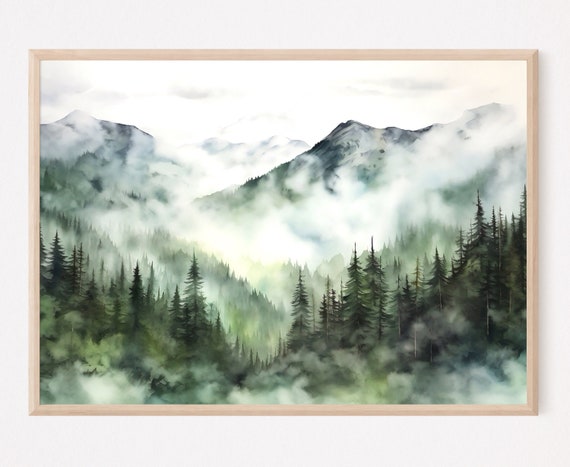 Smoky Mountains Watercolor Art Print, Serene Landscape