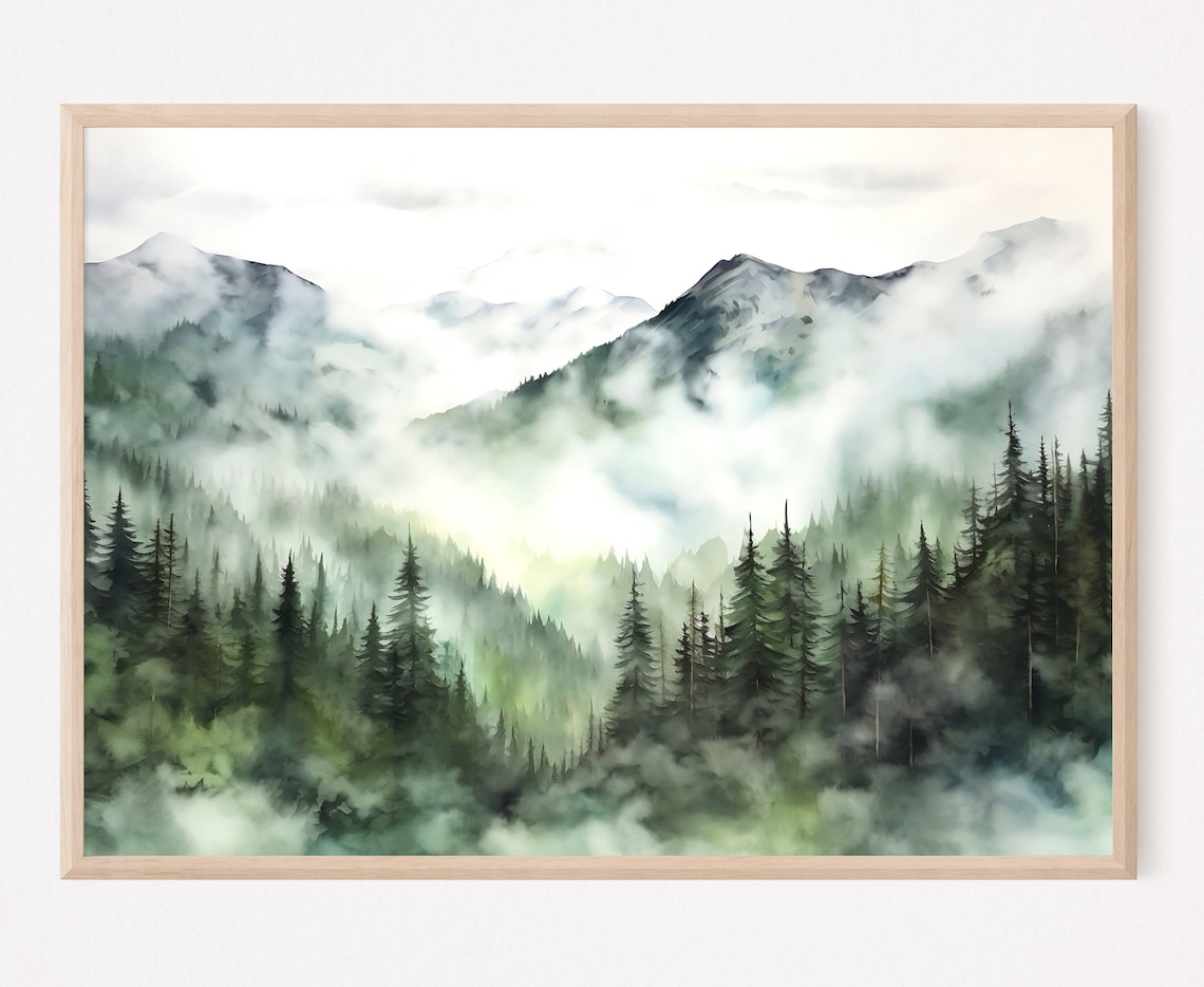 Smoky Mountains Watercolor Art Print, Serene Landscape