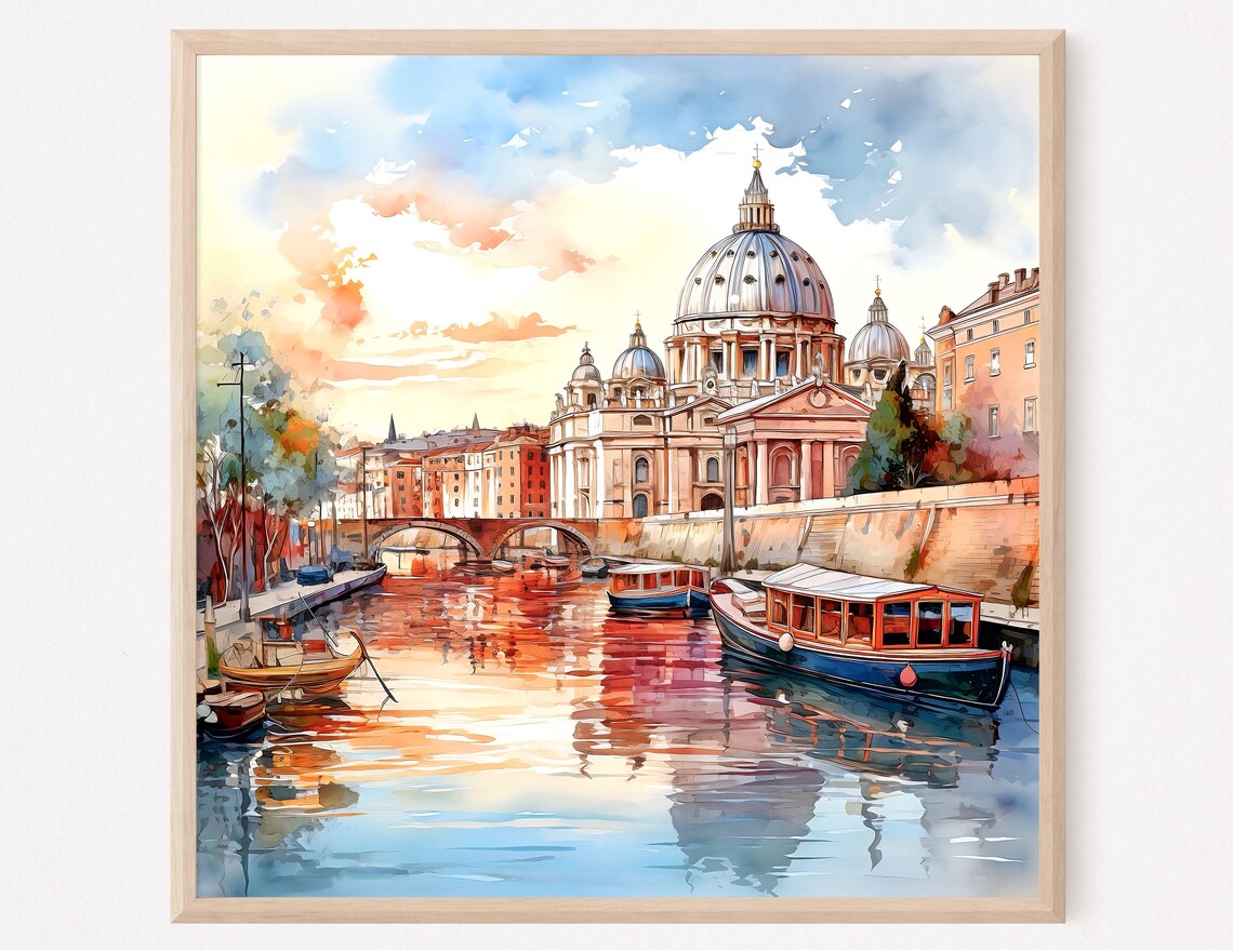 Rome St Peters Basilica Vatican Watercolor Sunset Canal Boats Poster