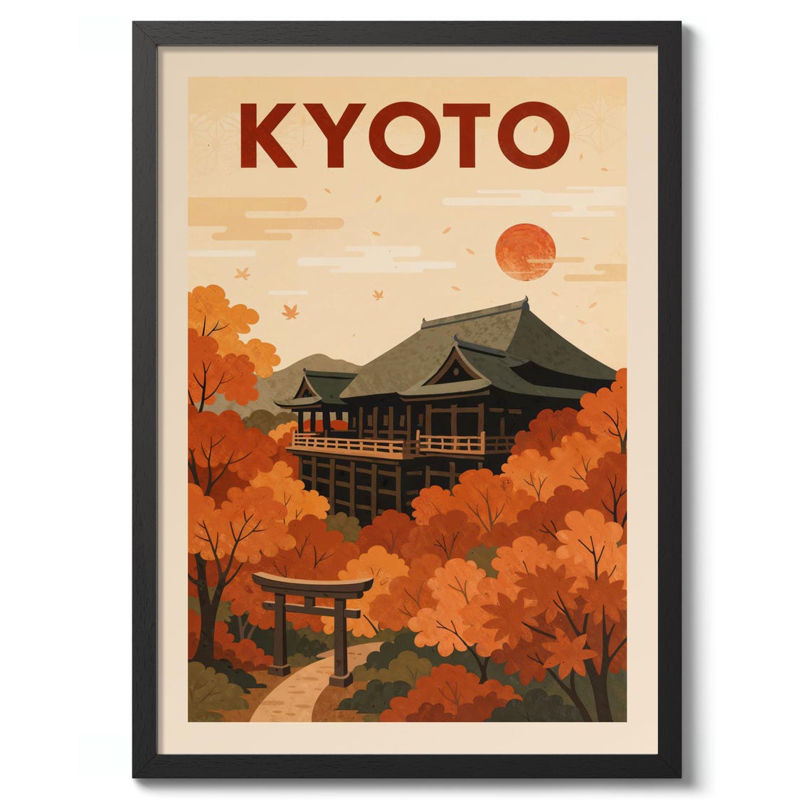 Kyoto Japan Autumn Temple Torii Gate Maple Leaves Retro Poster
