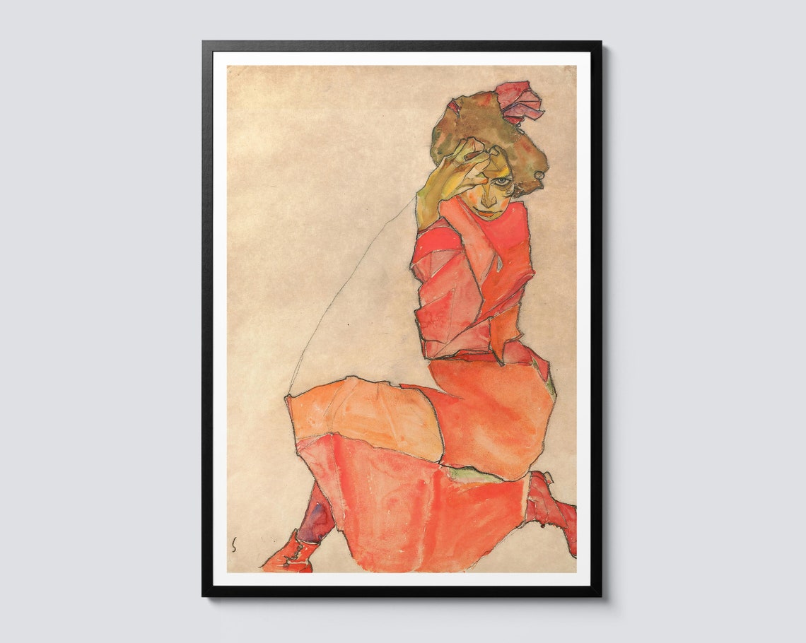 Egon Schiele Kneeling Female Orange Red Dress Masterpiece Poster