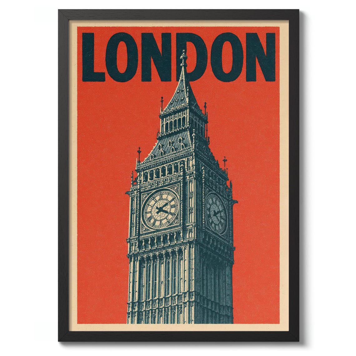 Vintage London Big Ben Clock Tower Red Graphic Travel Poster