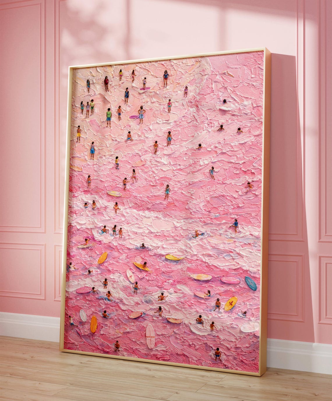 Pink Textured Beach Tiny Swimmers Impasto Aerial Ocean Poster