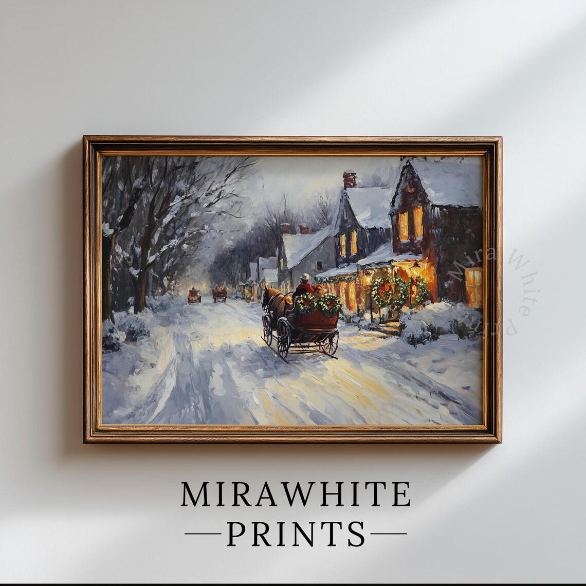 Horse Drawn Sleigh Snowy Village Christmas Vintage Winter Scene Poster