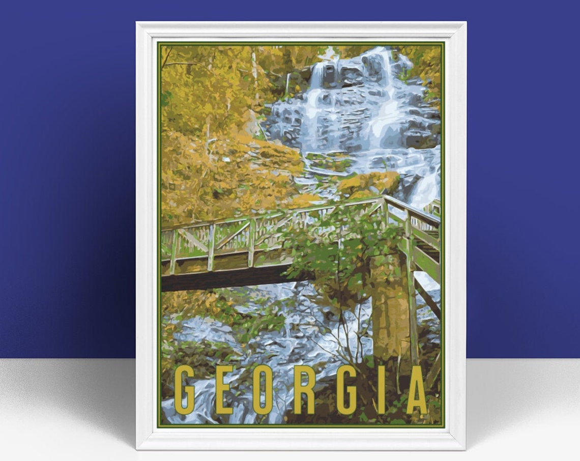 Georgia Waterfall Forest Bridge Cascades Vintage Travel Poster
