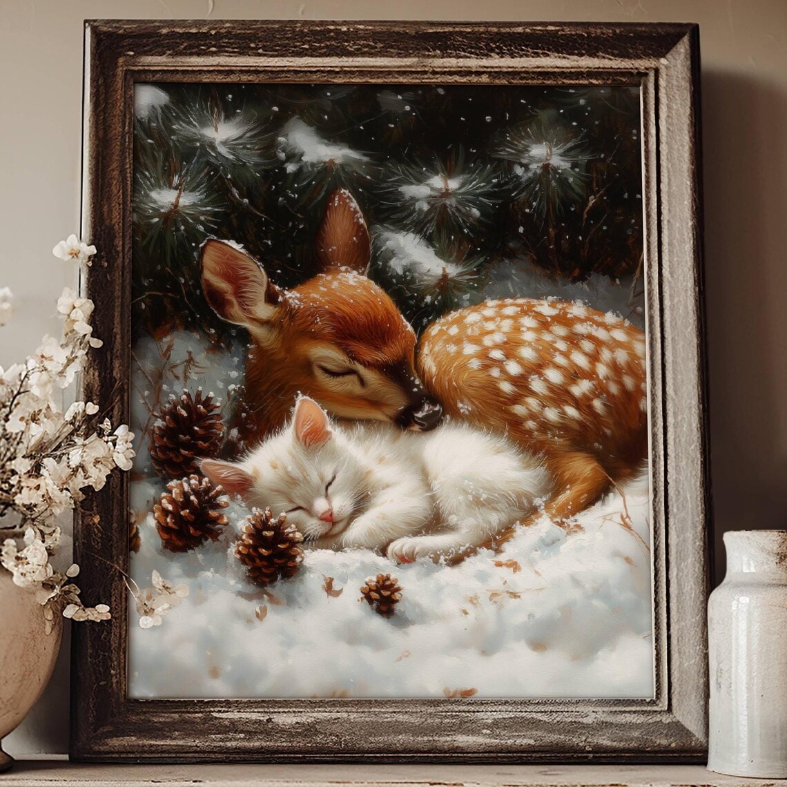 Fawn And White Cat Christmas Art Print, Holiday Decor