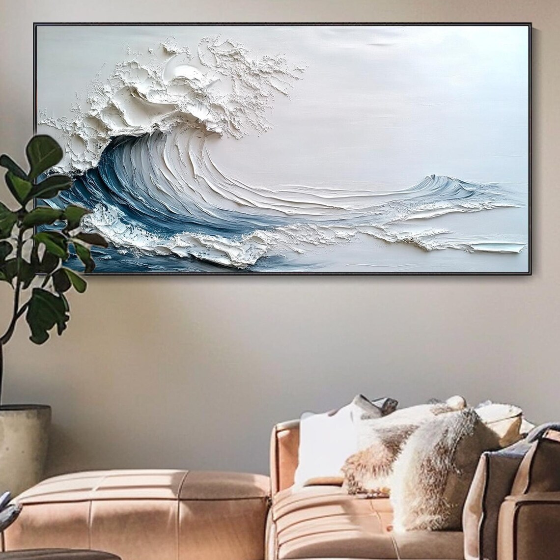 Great Ocean Wave Curl White Plaster Textured Impasto Seascape Wall Art