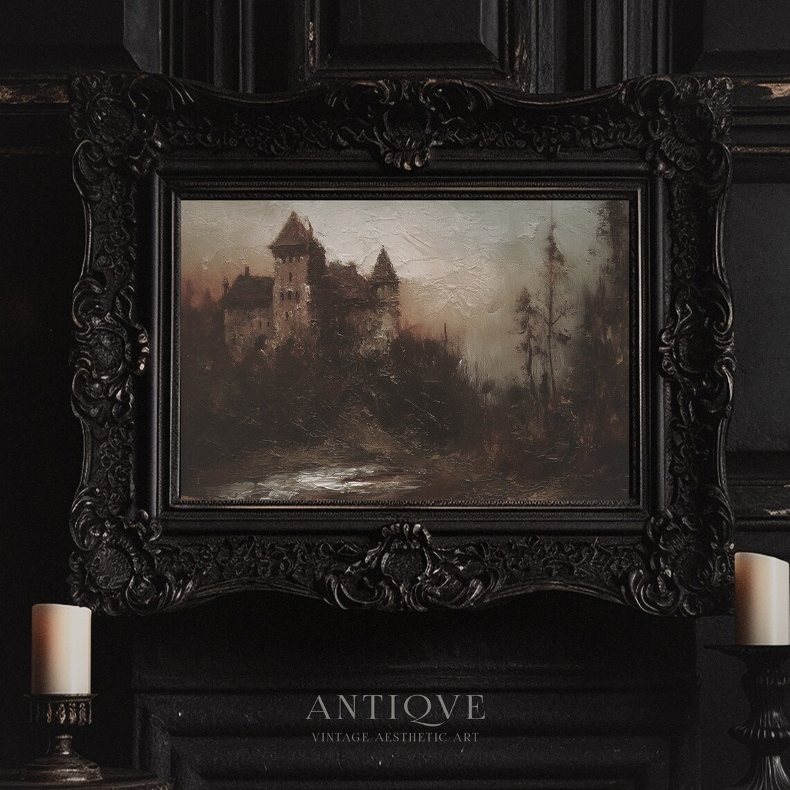 Medieval Castle on Hill Dark Dusk Vintage Oil Painting Print - Image 4