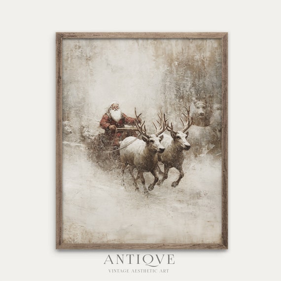 Santa Claus on Sled Reindeers, Rustic Christmas Art Print