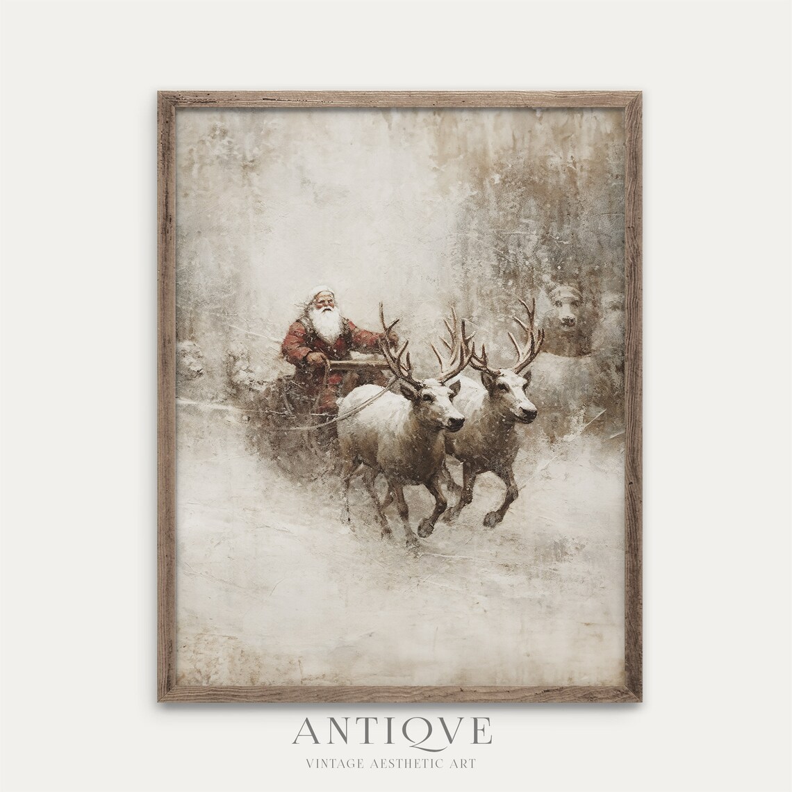 Santa Claus on Sled Reindeers, Rustic Christmas Art Print