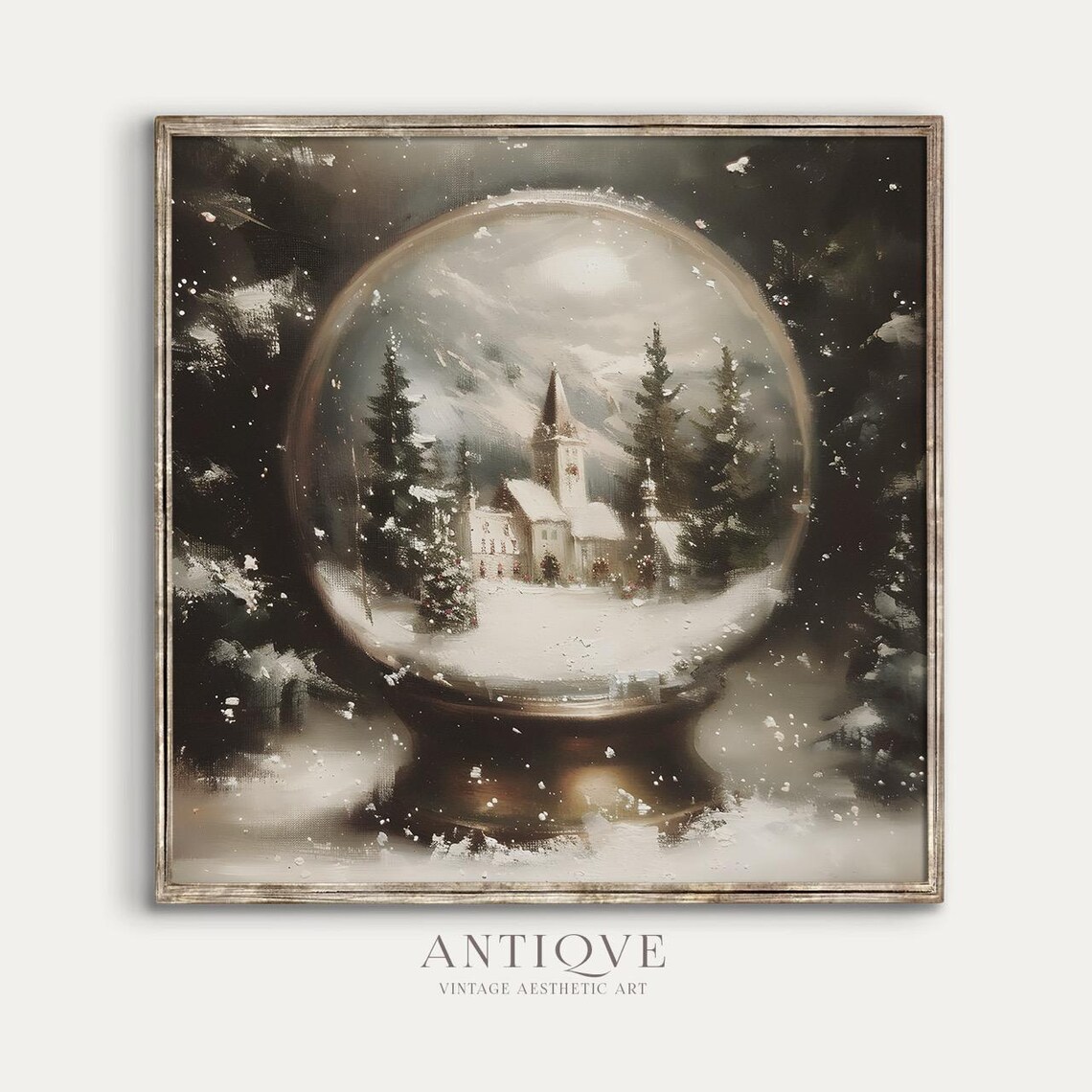 Vintage Snow Globe With Church In Snowy Forest Christmas Art Poster - Image 3