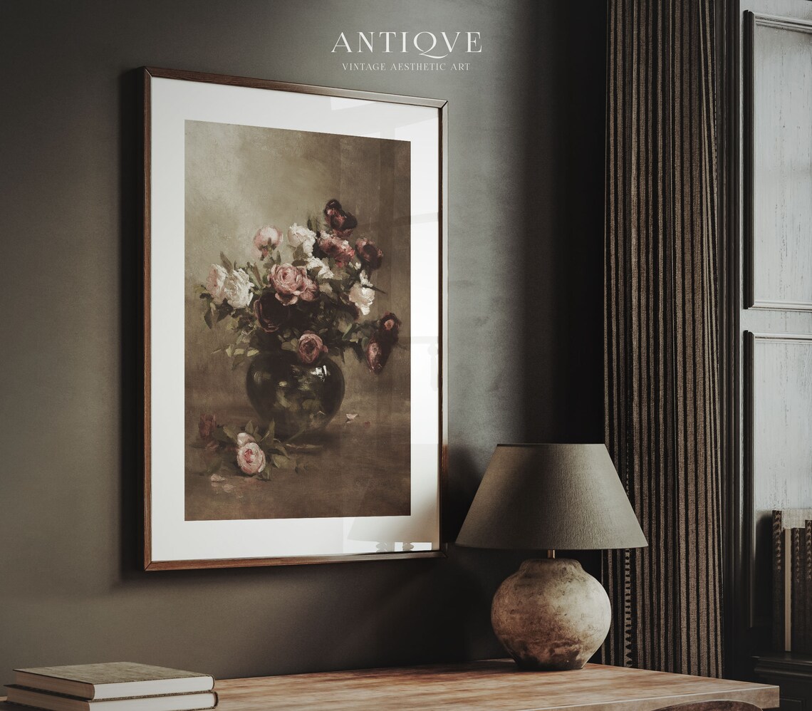 Moody Vintage Roses In Vase Oil Painting Art Print - Image 3
