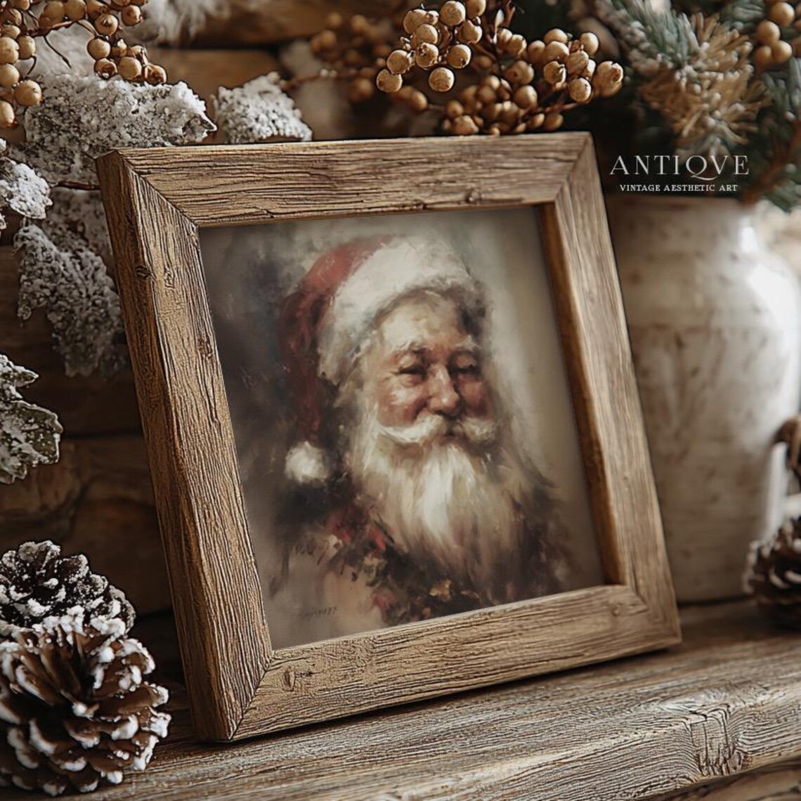 Smiling Santa Claus Portrait In Red Hat Vintage Christmas Art Poster - Image 4
