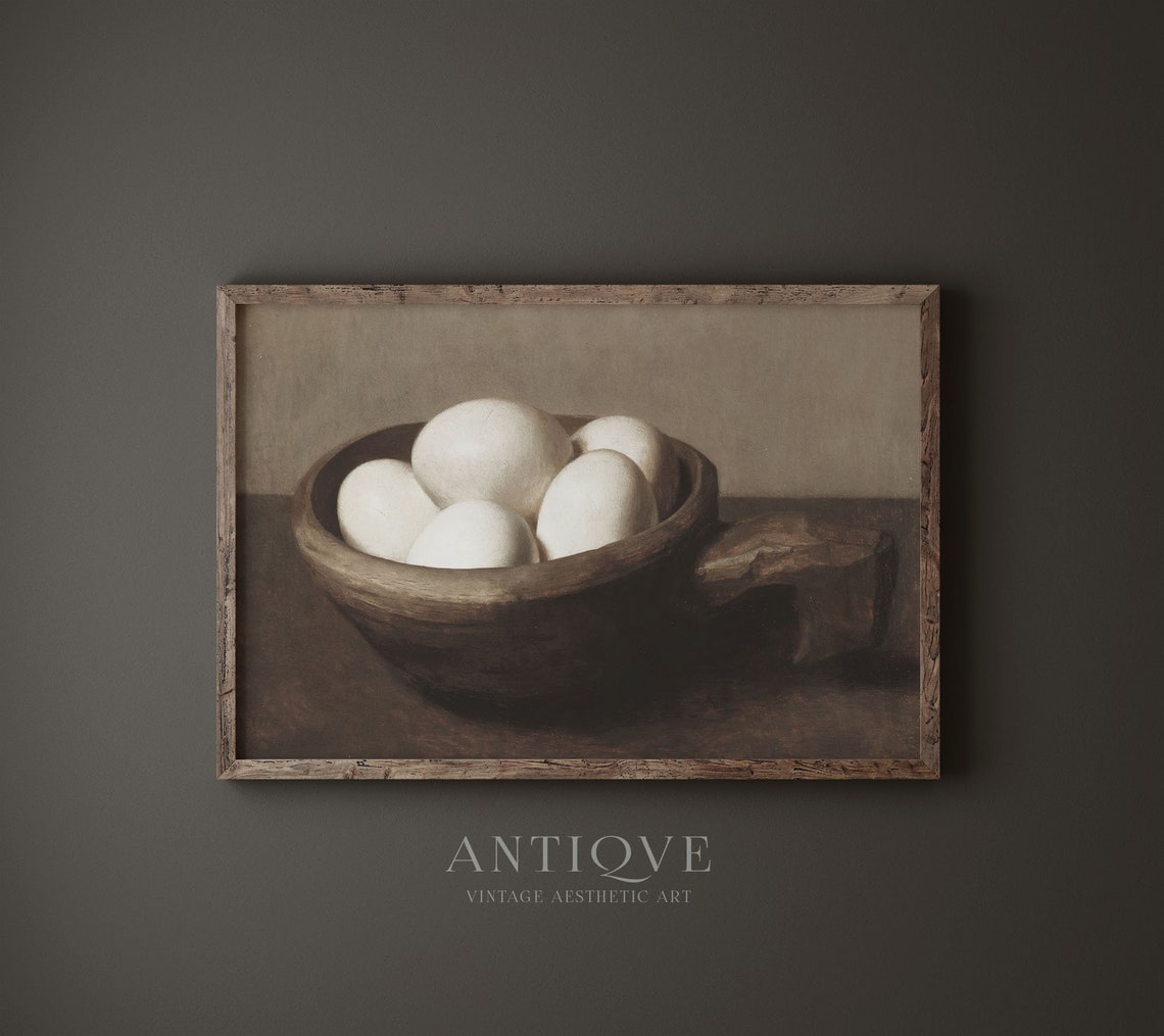 White Eggs Wooden Bowl Rustic Kitchen Vintage Still Life Print - Image 2
