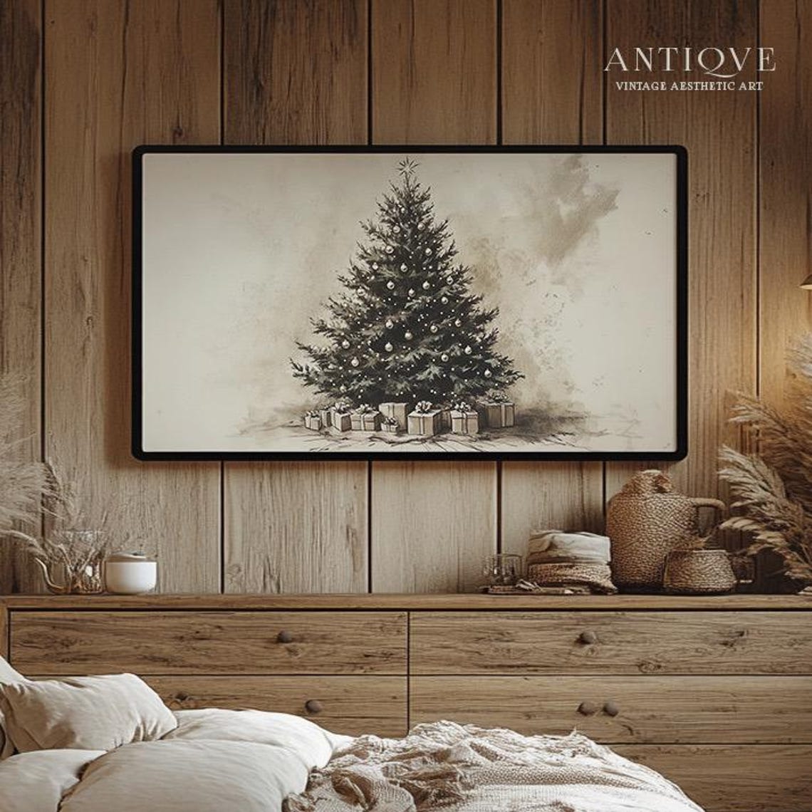 Christmas Tree Sketch with Gifts Underneath Neutral Beige Wall Art
