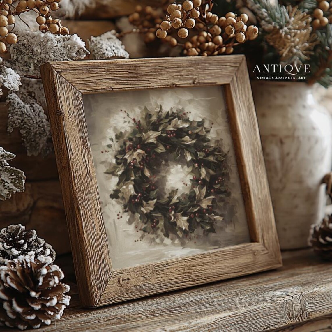 Christmas Wreath With Holly Berries Vintage Style Painting Art Poster - Image 2